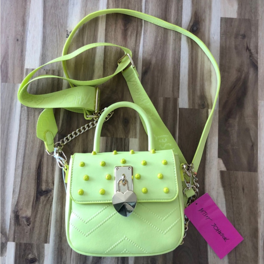 Betsey Johnson citron green studded bag with heart lock handbag crossbody bag